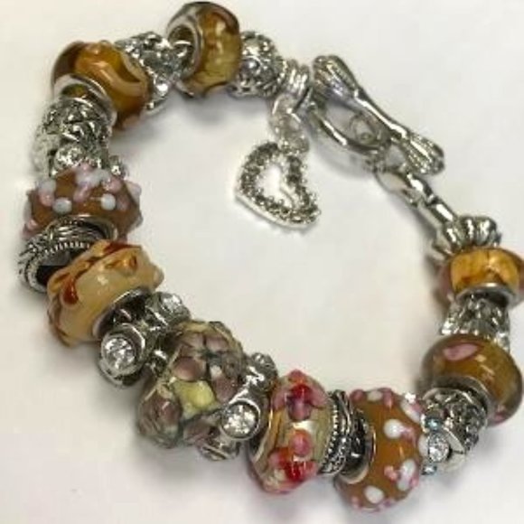 Hand Crafted Jewelry - European Style Charm Bracelet with Murano Glass Beads, Toggle Clasp+Stopper,7.9"